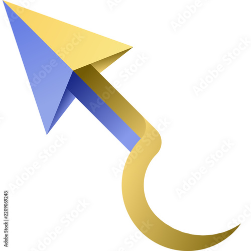 Yellow and Blue Arrow Cursor Icon with Curved Gold Tail Pointer, Dynamic Origami Navigation Vector Design