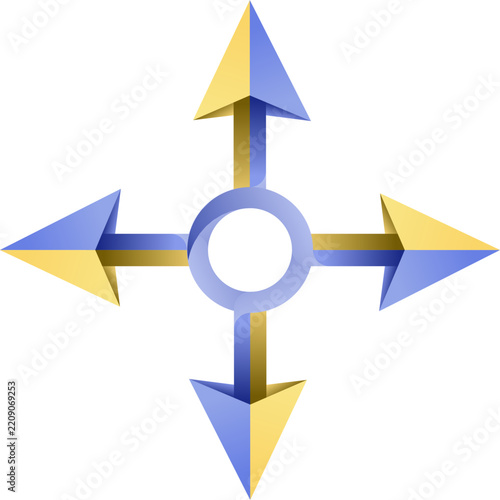 Four-Directional Cross Arrow Navigation Pointer Icon with Silver Ring Center, Modern UI UX Cursor Vector Design.