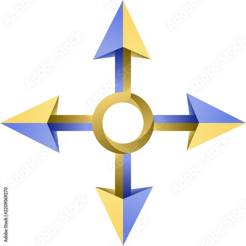 4-Way Directional Arrow Compass Pointer with Gold Ring Center, Modern Yellow and Blue Navigation Cross Icon Vector.