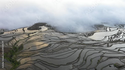 Aerial view of misty sunrise reflection in water of rice paddy fields of spectacular landscape in China