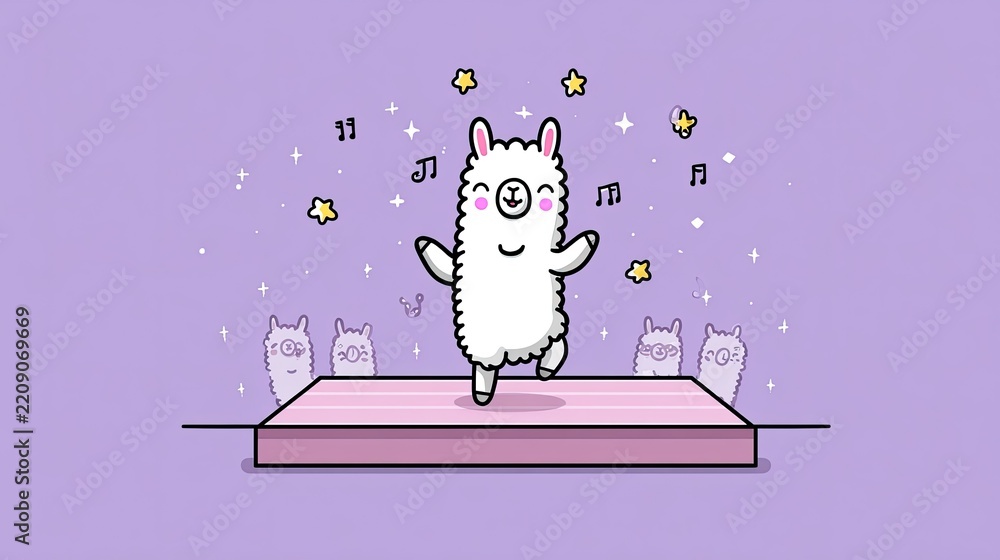 Obraz premium Llama Dancing with Stars and Music Notes on Purple Background