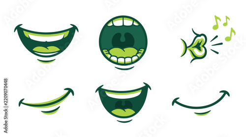 Set of playful green cartoon mouths and smiles.