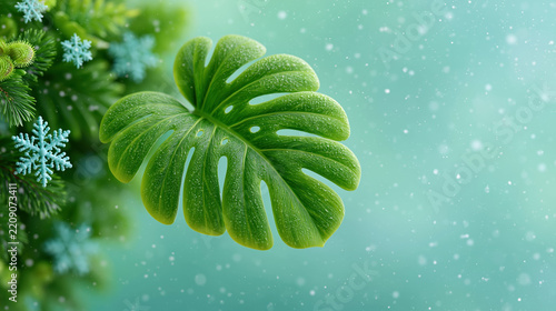 Monstera leaf winter background with snowflakes for tropical holiday design and branding
