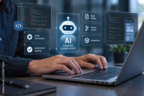 AI powered coding agent interface with code generation automated testing build deploy version control integrations developer typing on laptop engineering automation software development tools