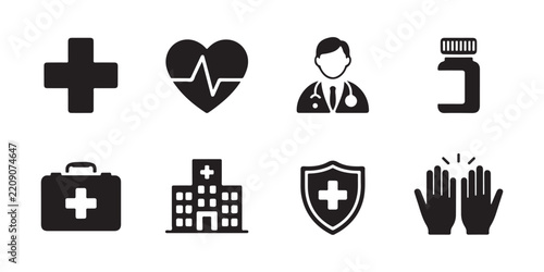 Medical healthcare icon set including cross, heartbeat, doctor, and medicine bottle on transparent.