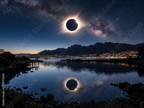 Total solar eclipse over a tranquil bay with city lights and Milky Way reflection