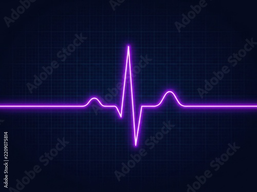 Vital sign waveform glowing purple against dark grid background symbolizing health and medical care