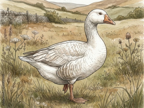 White goose standing in a grassy field during a sunny day with rolling hills in the background watercolor style