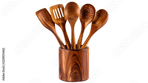 Elegant gold wooden kitchen utensil set featuring spoons spatula strainer and container crafted from natural wood isolated on white background