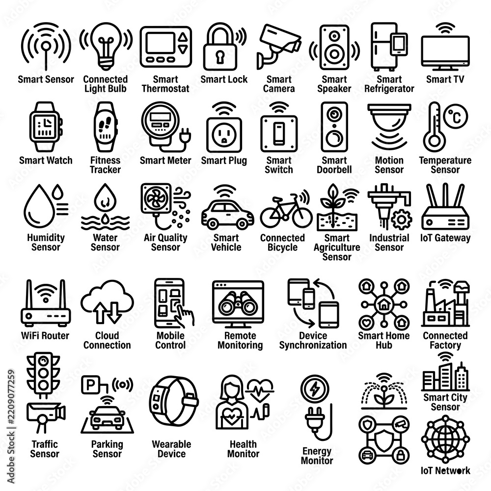 Fototapeta premium Comprehensive Set of Linear Outline Icons Representing Advanced Smart Technology and Connected Devices