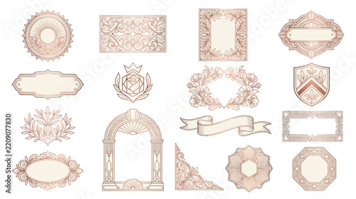 Art Deco Frames and Emblems Isolated on Transparent Background