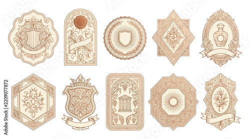 Vintage ornamental emblems, crests, and labels isolated on transparent background.