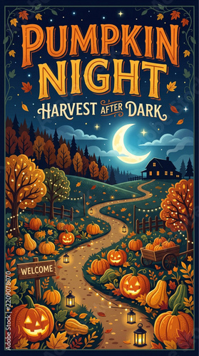 Vintage pumpkin night harvest poster vector, autumn night landscape with glowing jack o lanterns, spooky halloween background with crescent moon