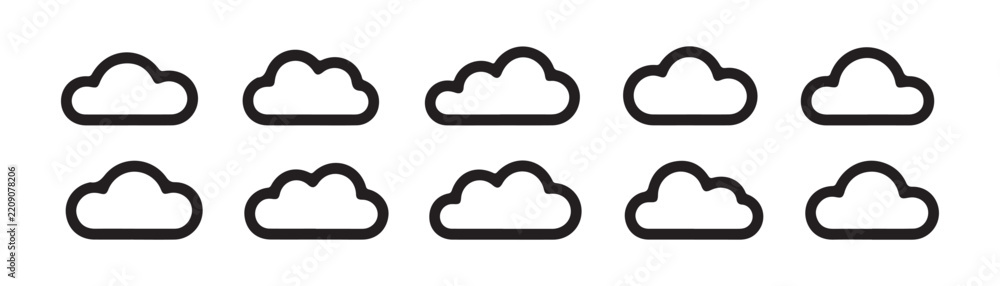 Fototapeta premium Simple cloud outline icons in black lines for clean website and mobile app interface development set.