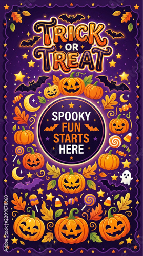 Halloween Trick or Treat Vertical Vector Banner, Spooky Jack O Lantern Pumpkin Poster Background, Autumn Party Greeting Card Illustration