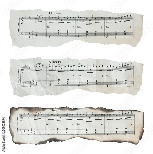 Set of torn, crumpled and burned pieces of old sheet music notes isolated on transparent background. Paper texture collection with vintage musical notation and damaged manuscript fragments
