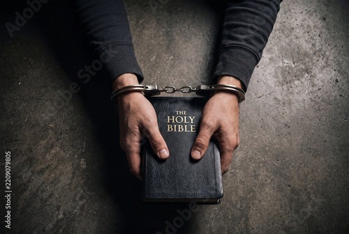 Prisoner in Handcuffs Holding The Holy Bible on Concrete Floor