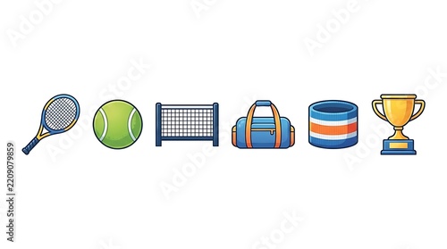Professional tennis equipment icons set on white background.