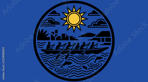 Rowing Emblem Featuring a Canoe with People Paddling on Water Under a Bright Sun