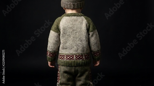 Rear view of a child wearing a knitted sweater.