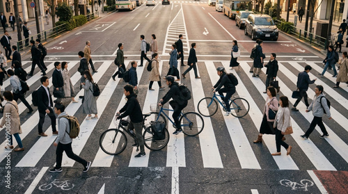 Crowded Pedestrian Crossing in City Streets with Cyclists