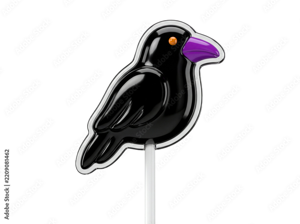 Fototapeta premium Black Crow Shaped Hard Candy Lollipop for Halloween Party Treats and Sweet Snacks