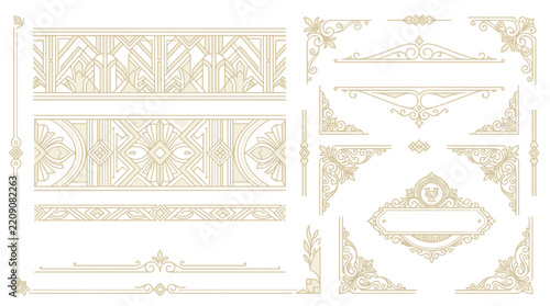 Art Deco Design Elements: Borders, Corners, Frames Isolated on White