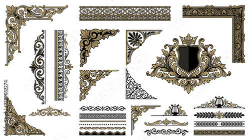 Vintage Ornate Decorative Elements: Corner, Border, Emblem, Isolated