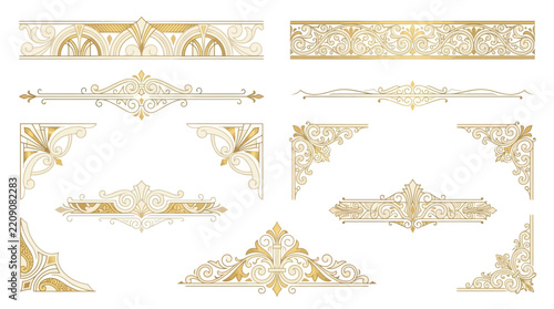 Elegant Golden Ornate Borders and Corner Flourishes on Transparent Background