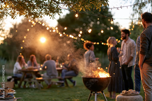 Sunset glows behind leafy branches. Fire pit smokes as friends gather. People smile, laugh, share stories. String lights twinkle overhead. Grass feels soft underfoot