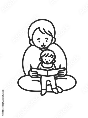 子どもに絵本の読み聞かせをするお父さんのイラスト　線画のみ