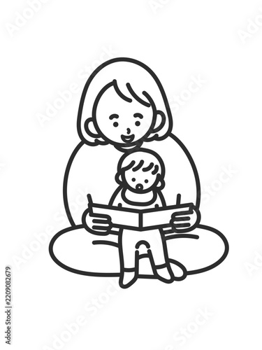 子どもに絵本の読み聞かせをするお母さんのイラスト　線画のみ