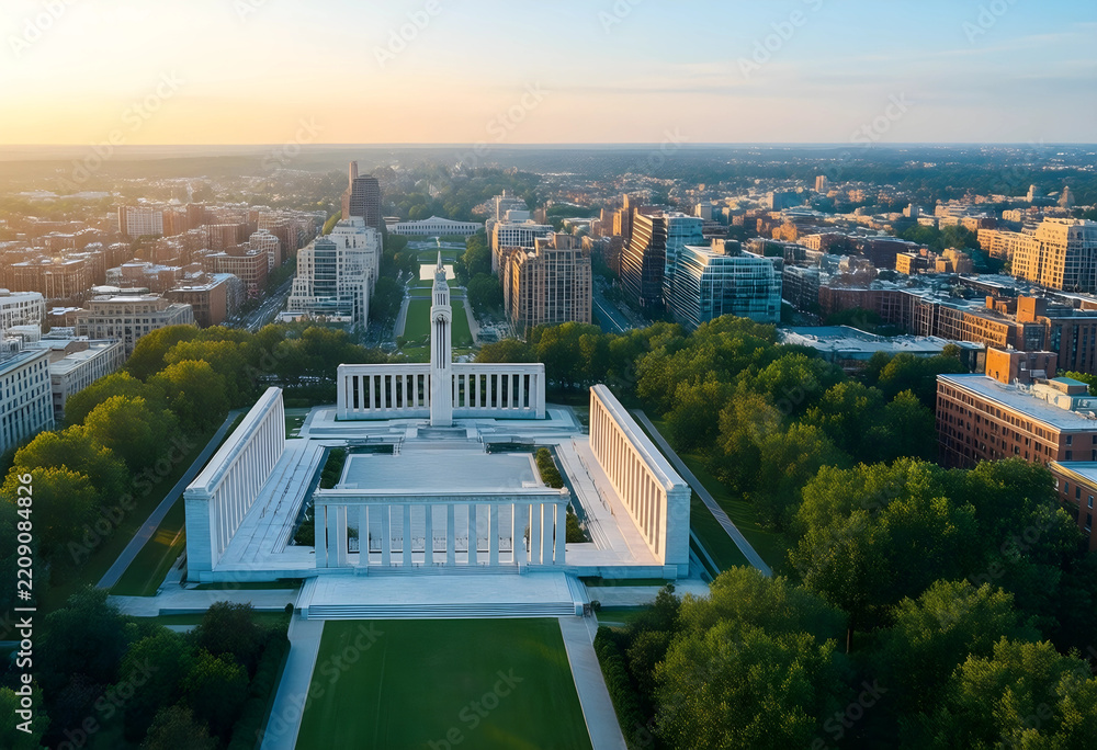 Obraz premium Urban planning and city development, aerial view of a neoclassical memorial monument surrounded by lush green parkland and modern residential buildings