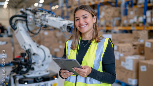 Rear view of a professional female warehouse supervisor with medium brown skin standing beside an autonomous mobile robot with an articulated arm, reflective safety vest, tablet held in both hands, 