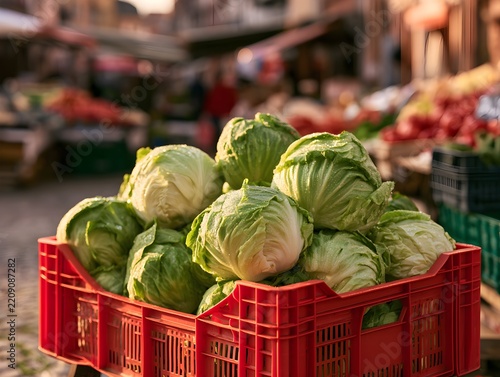 Fresh iceberg lettuce heads in a red plastic crate at an outdoor market
