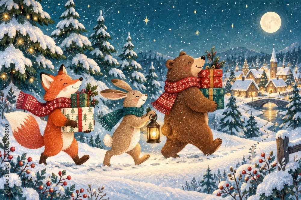 Obraz premium Woodland animals bring Christmas gifts through snowy village