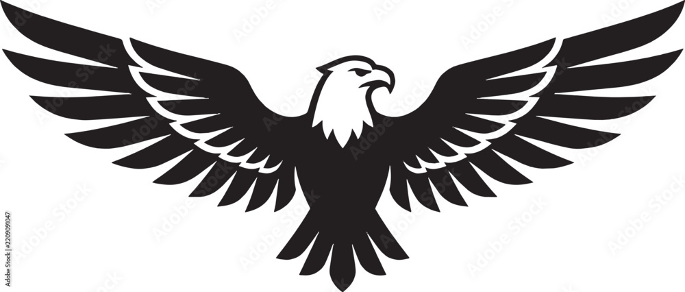 Obraz premium Black and white eagle bird silhouette logo icon with wings spread wide flying in a powerful and majestic pose for branding design isolated on transparent background, Vector