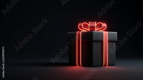 Elegant black textured gift box featuring vibrant glowing red neon ribbon and bow against dark studio background