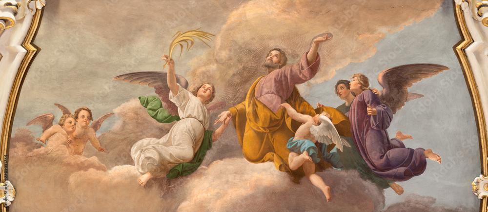Fototapeta premium Crema - The detail of fresco of Apotheosis of st. James the Great the church Chiesa di San Giacomo Maggiore by Eugenio Giuseppe Conti (1884).
