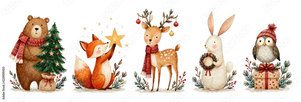 Obraz premium PNG Watercolor woodland Christmas animals with festive decorations
