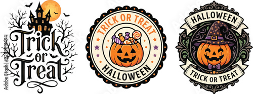 Vintage Halloween badges vector set, trick or treat emblem designs, retro pumpkin and haunted house graphics