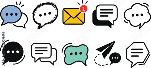 Chat Bubble and Message Icon Set with Speech Bubbles, Email and Notification Symbols