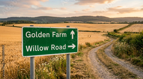 Golden Farm & Willow Road Sign Amidst Rural Landscape at Sunset