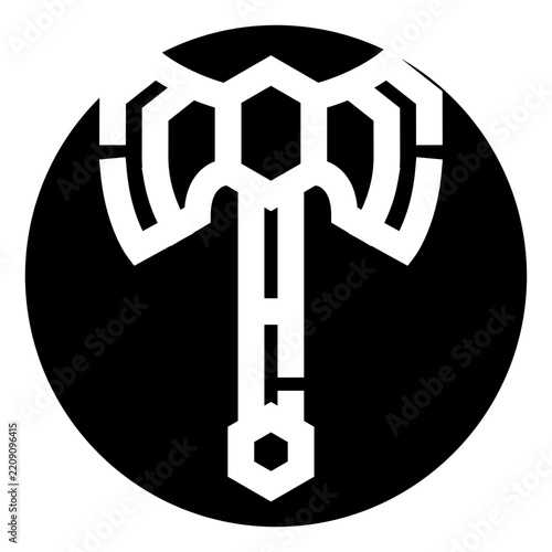 Geometric double headed battle axe icon representing power, strength, and mythology, creating a strong symbol within a black circular frame
