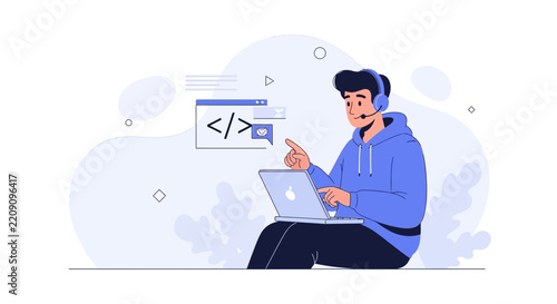 Programmer with Headset Using Laptop, Coding Symbol, and Chat Bubbles - Modern Flat Vector Illustration