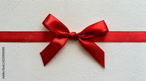Vibrant red silk ribbon tied into a decorative bow resting upon textured white paper creating elegant holiday gift presentation