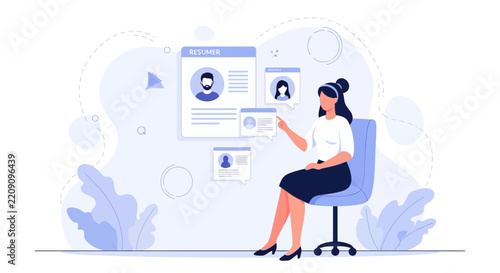 Recruitment and Hiring Process - Woman Reviewing Resumes and Candidate Profiles Online
