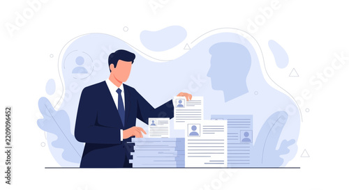 Recruiter reviewing stack of resumes, selecting candidate for job opportunity, human resources concept illustration