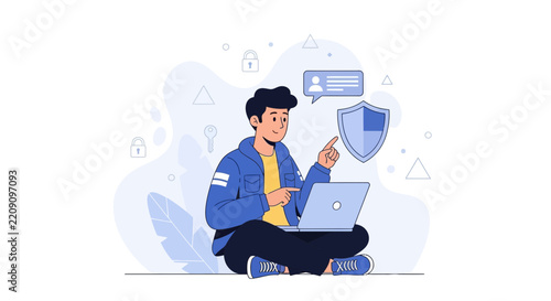 Young man using laptop for online security, data protection, and digital privacy. Vector illustration.