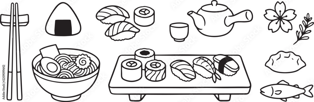 Fototapeta premium Japanese Food Sushi and Ramen Outline Icons Vector Set
